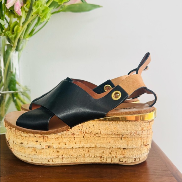 Chloe Shoes - SUPER RARE Chloe Black Leather + Cork Wedges
